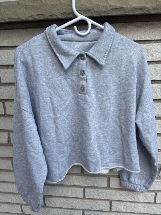 aerie Tops - Aerie Fleece of Mind Cropped Polo Henley Collared Fleece Sweatshirt Grey Size M